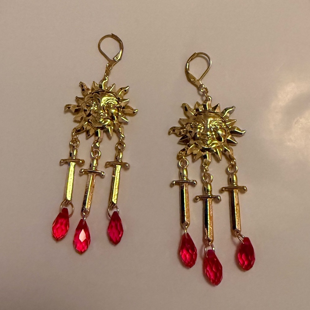 Unique Gold Sun and Red Teardrop Earrings